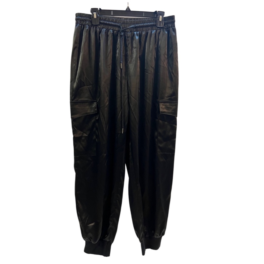 Plus size Black shiny jogger pants with cargo leg pockets